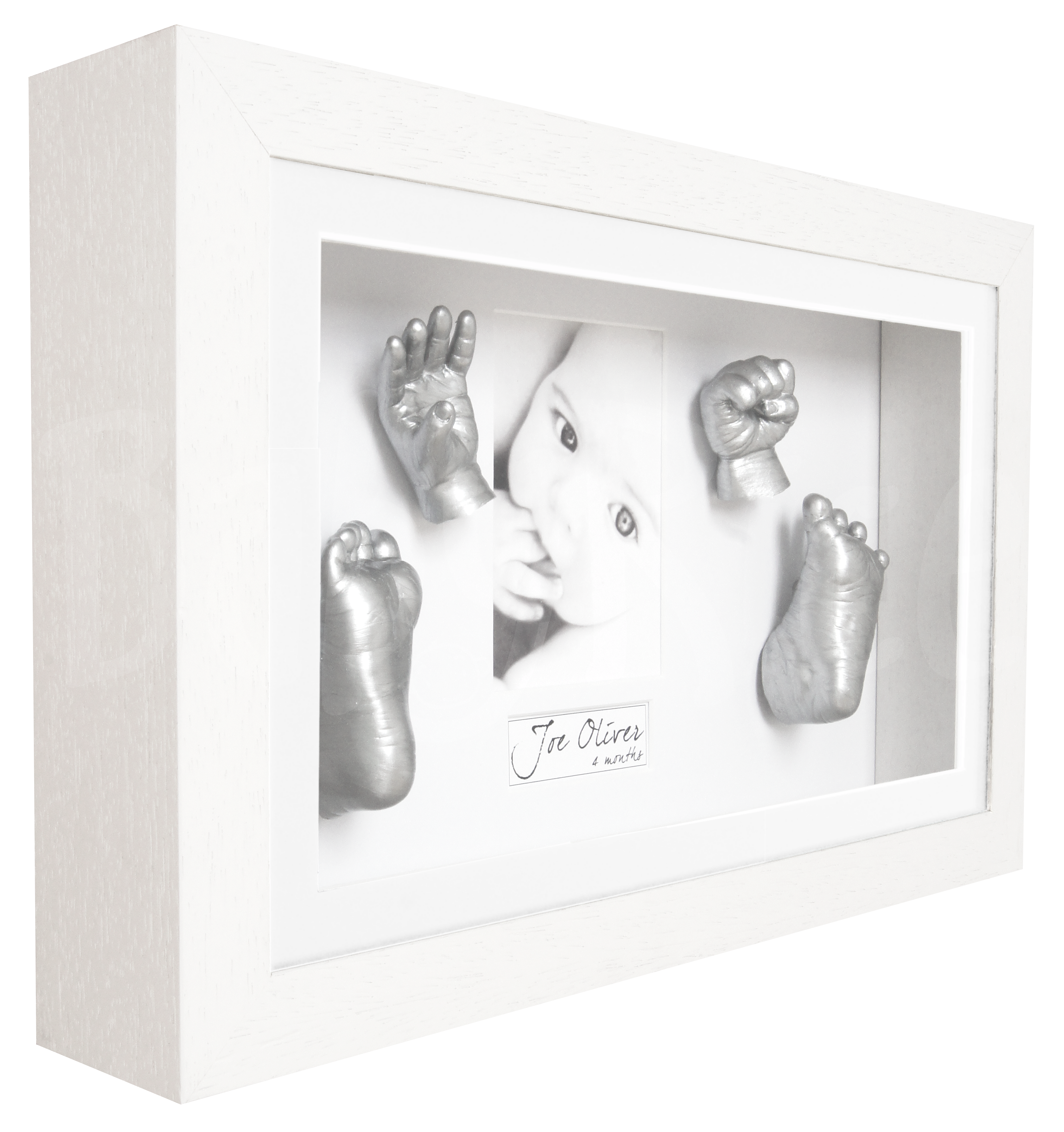Unique baby gift hands and feet casting kit with white frame, silver paint