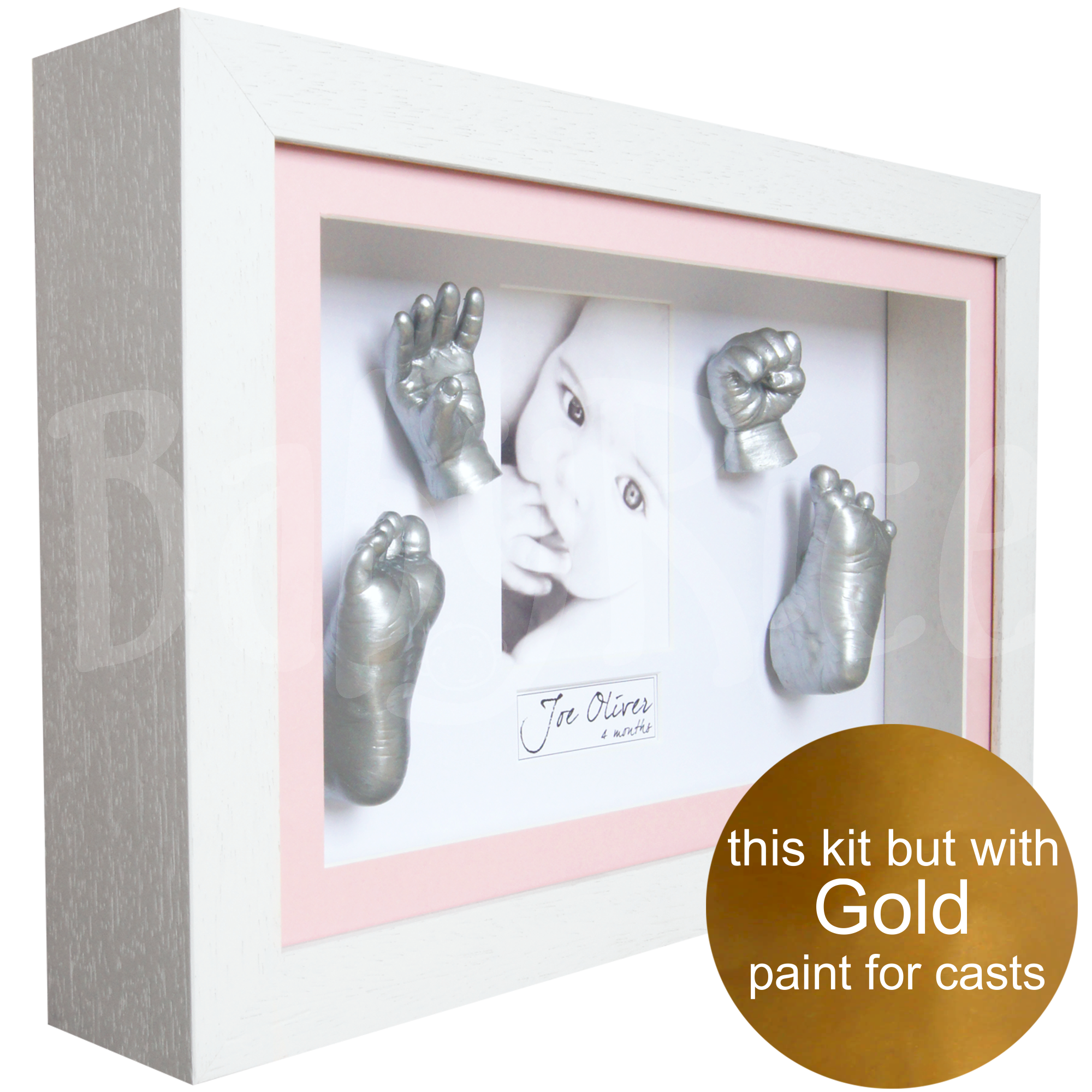 new baby girl gift hands and feet casting kit with white frame, gold paint