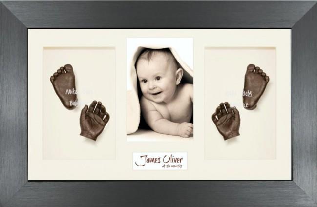 Twin Babies Large Baby Gift 3D Hand Foot Bronze Casting, Pewter Frame