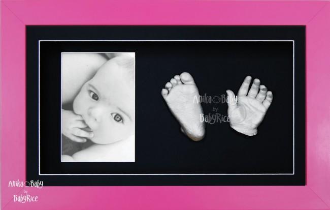 Baby Girl Gift, Casting Kit, Pink Frame, 3D Silver Handprints Footprints