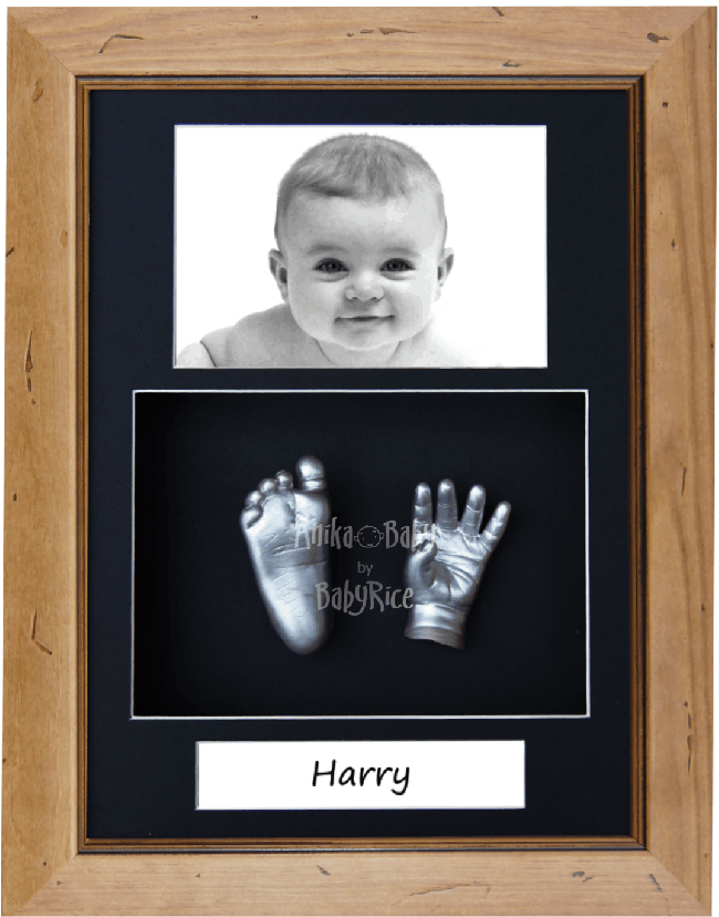 Christening Gift Baby Casting Kit Rustic Wood Frame, Silver