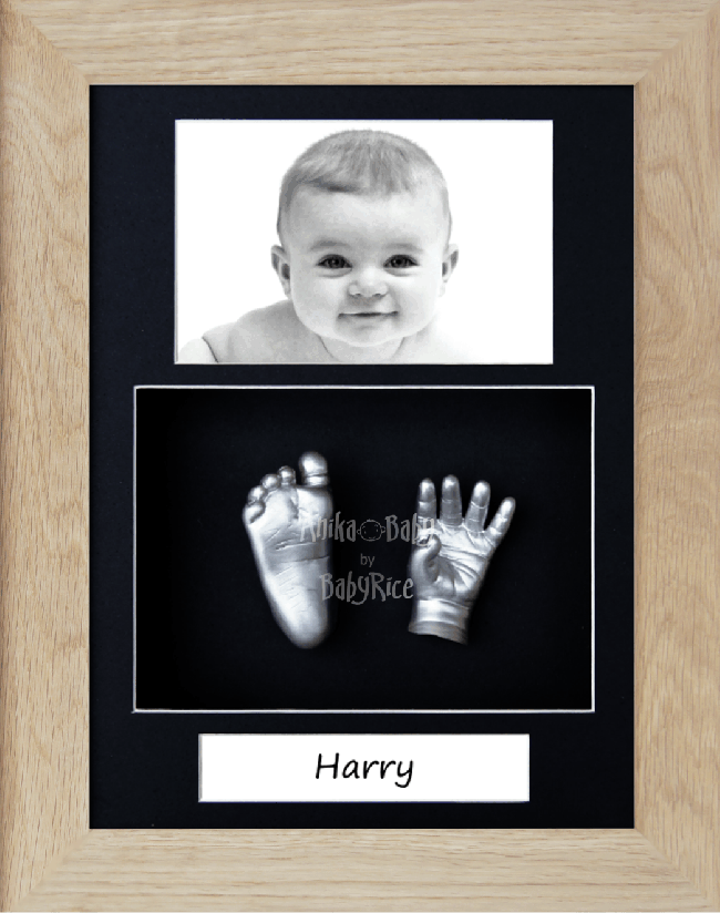 Baby Casting Kit, Solid Oak Wooden Frame, Silver Paint Casts