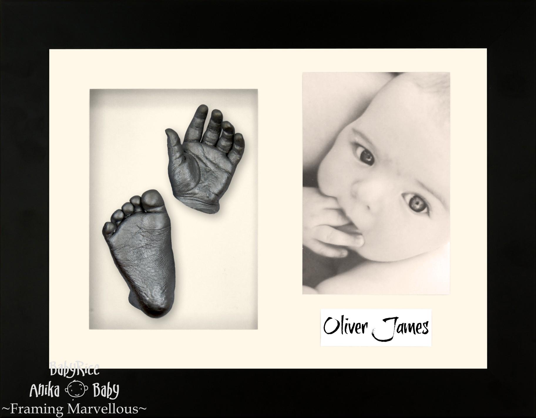 Black Frame, Cream Mount, Pewter Baby Hand Foot Cast