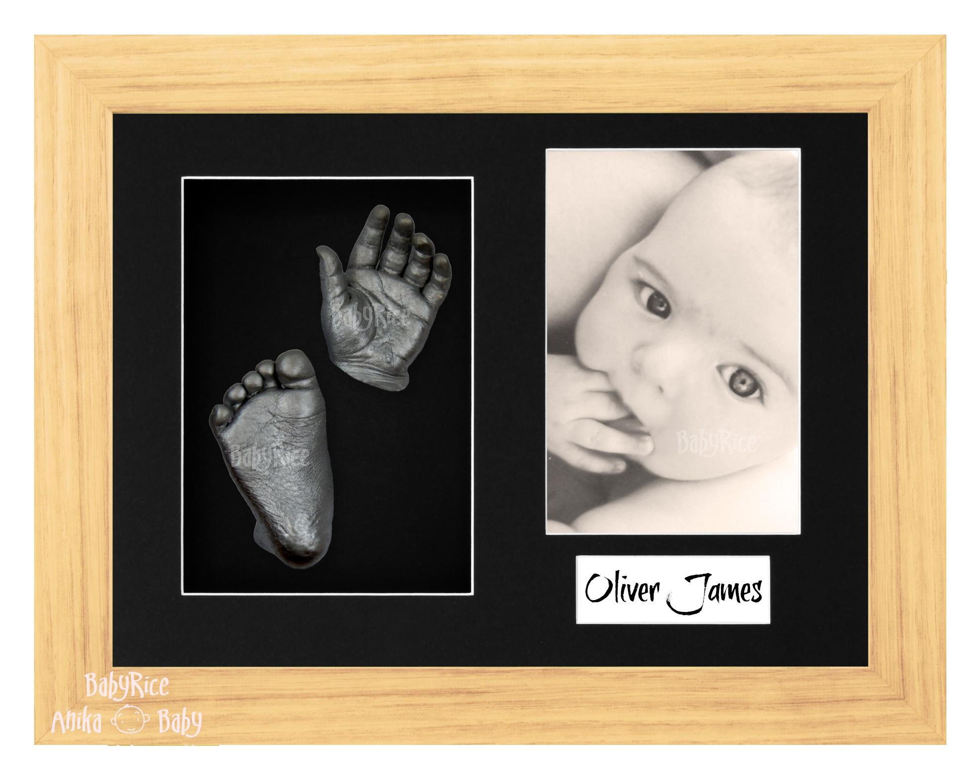 Oak Effect Frame, Black Mount, Pewter Baby Hand Foot Cast