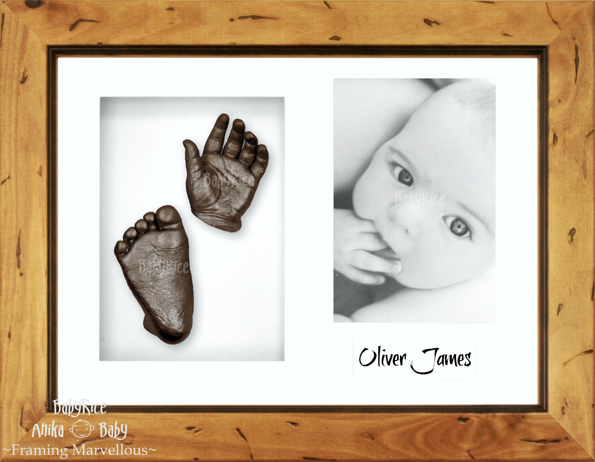 Rustic Wooden Frame, White Mount, Bronze Baby Hand Foot Cast