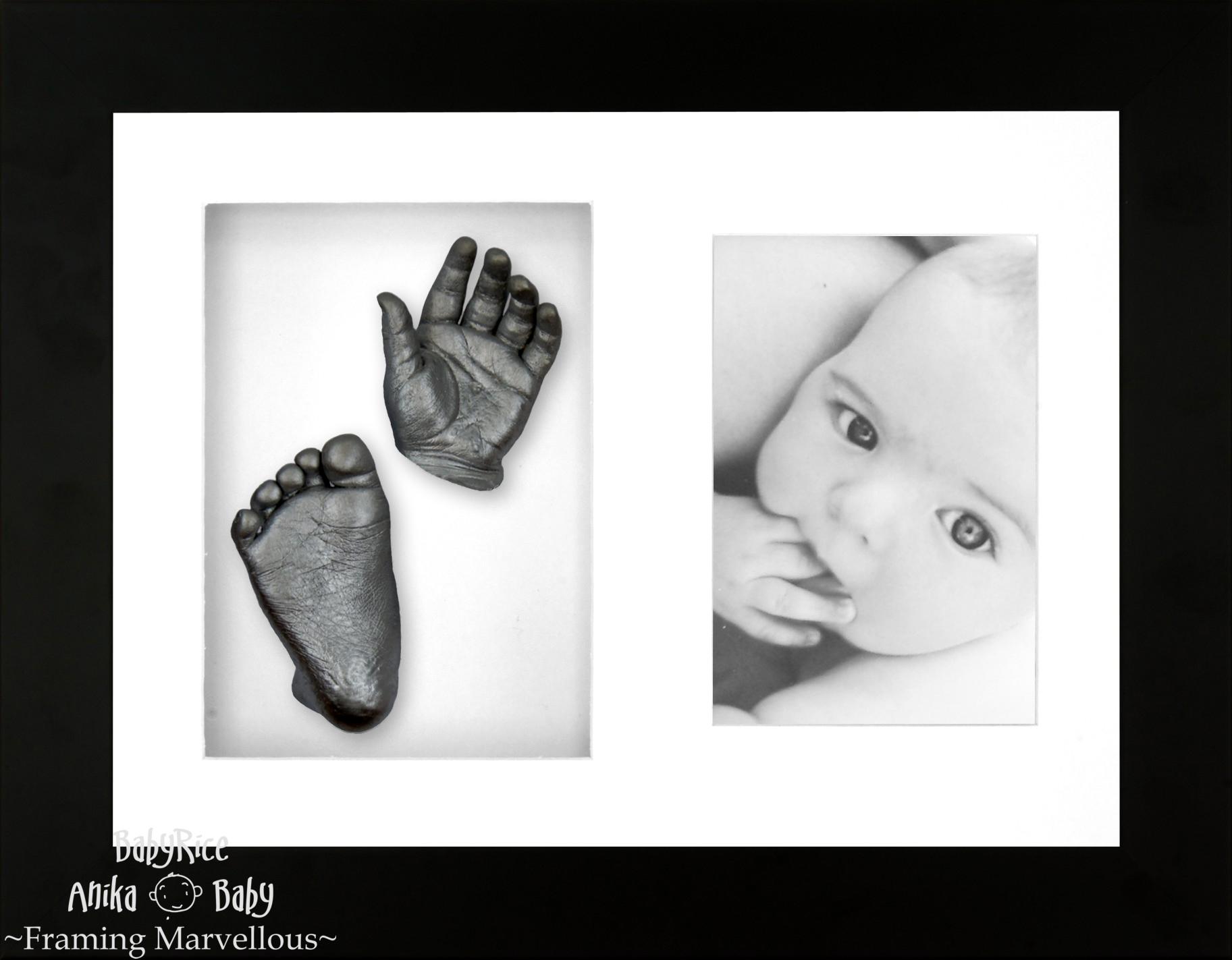 Baby Casting Kit with Black Photo and Casts Display Frame White Inserts / Pewter Paint