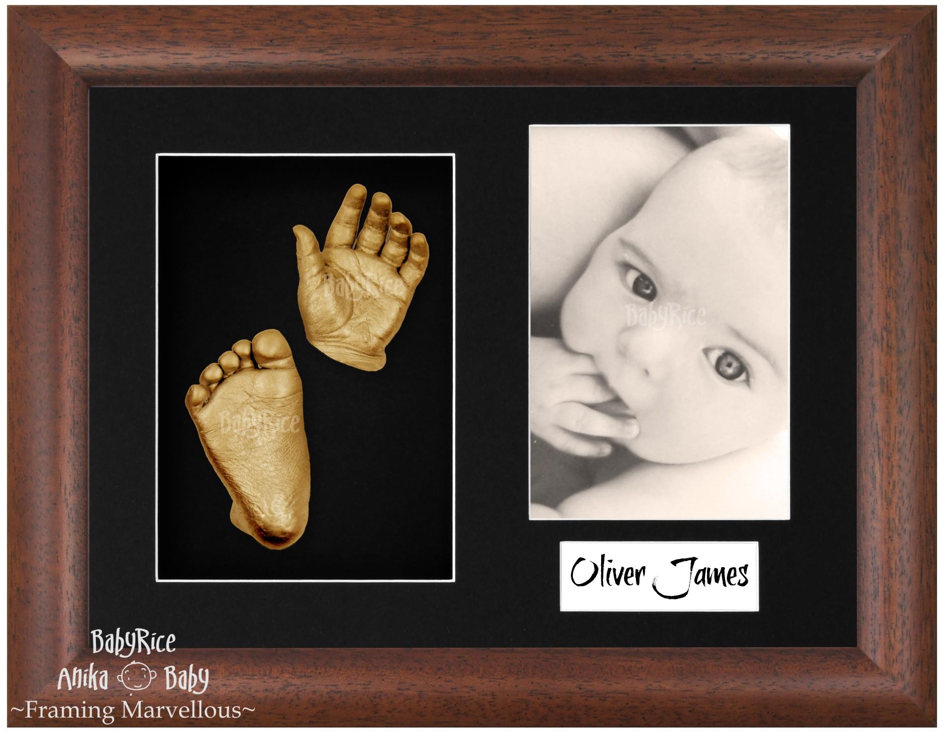 Dark Walnut Brown Frame, Black Mount, Golden Baby Hand Foot Cast