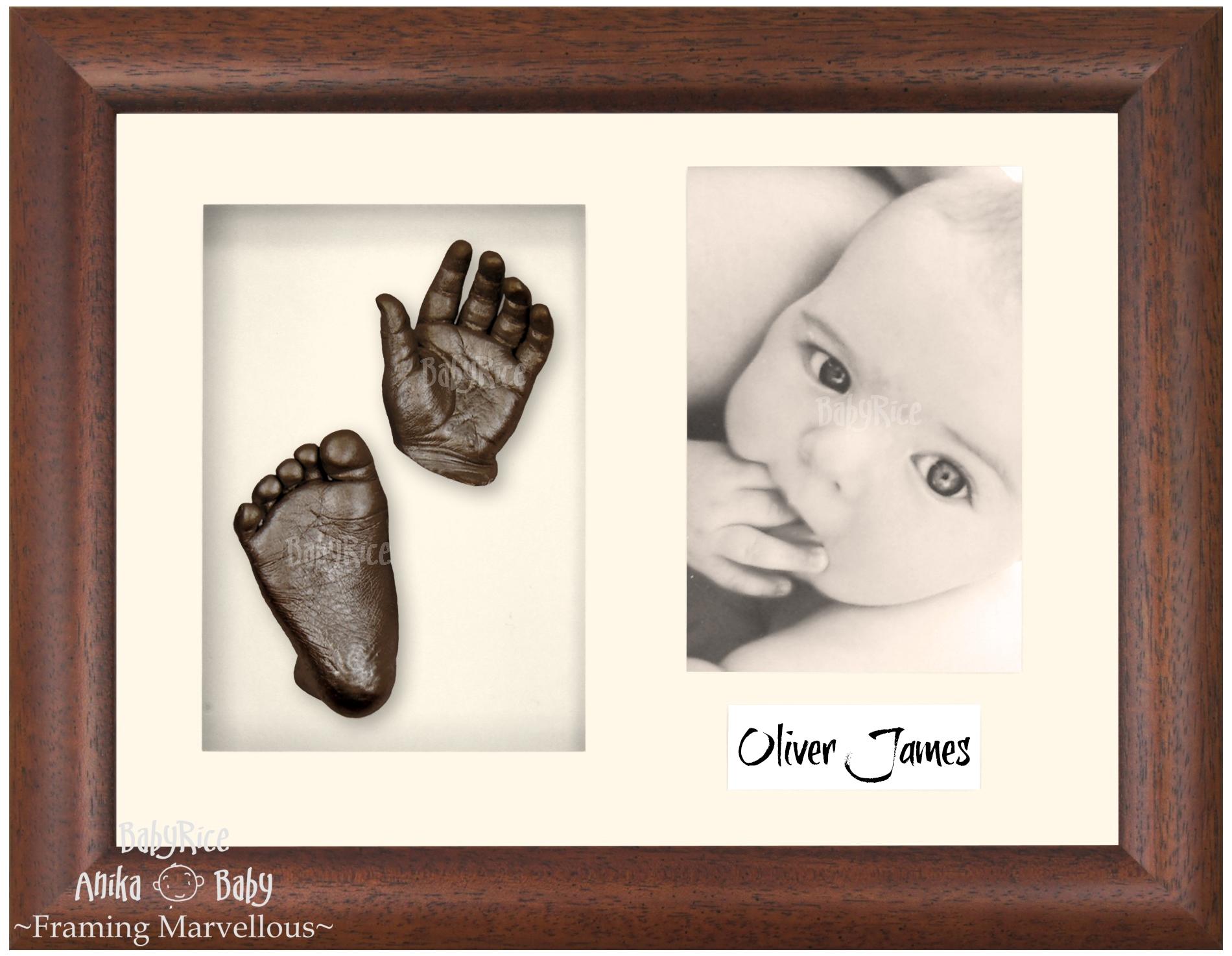 Dark Walnut Brown Frame, Cream Mount, Bronze Baby Hand Foot Cast
