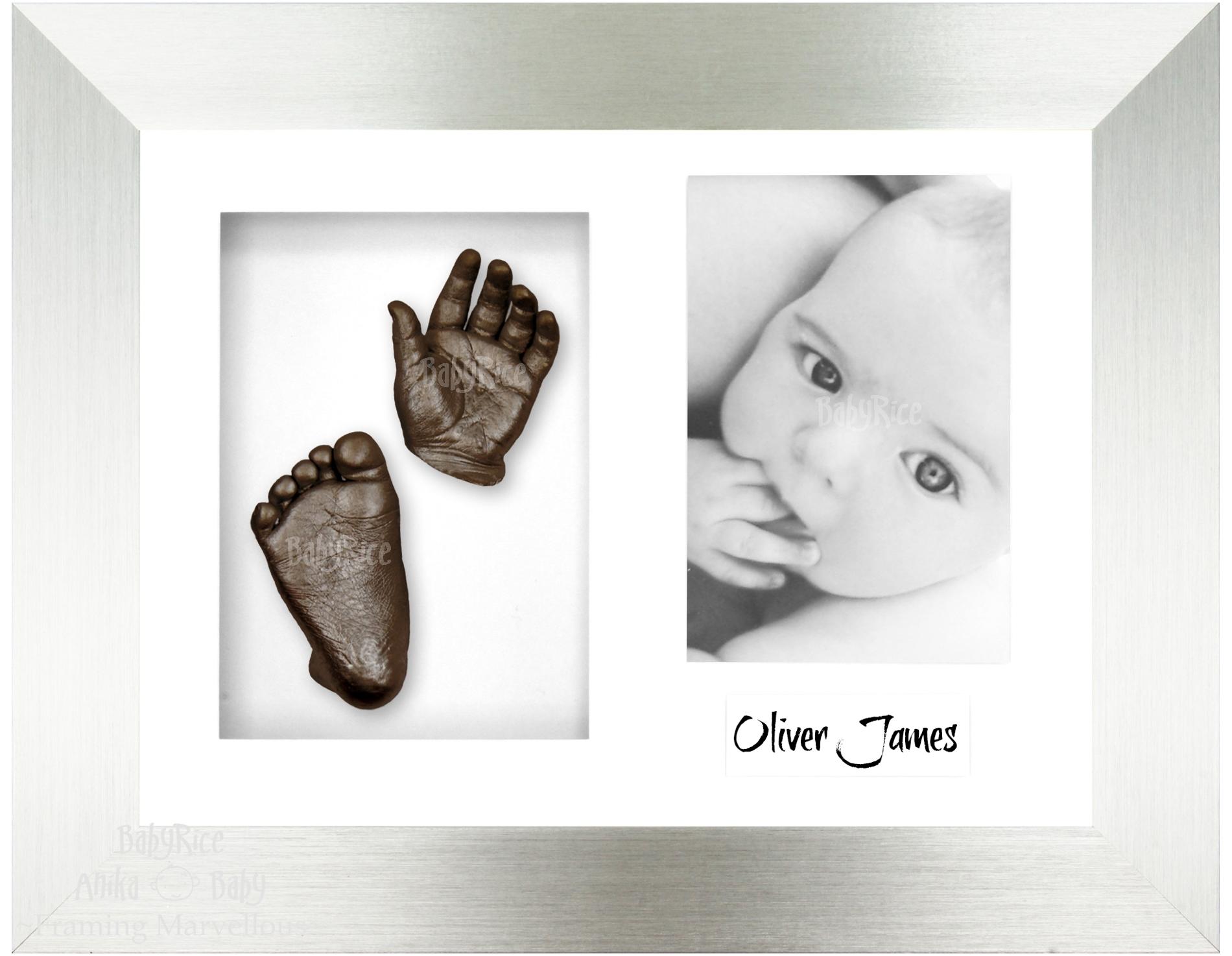 Silver Frame, White Mount, Bronze Baby Hand Foot Cast