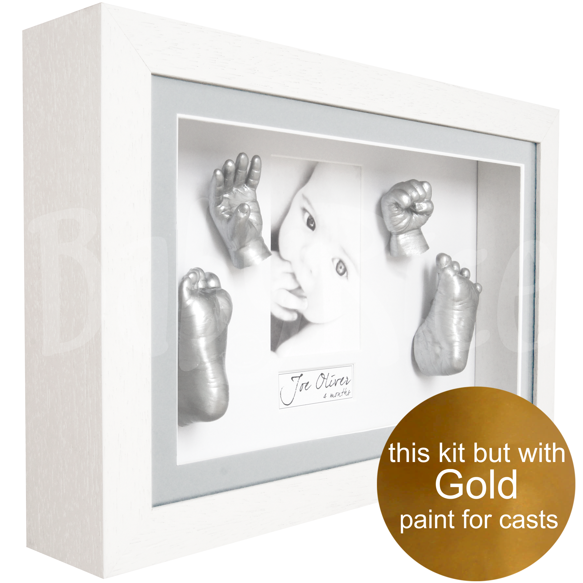 Large baby hand and foot casting kit with white frame, gold paint