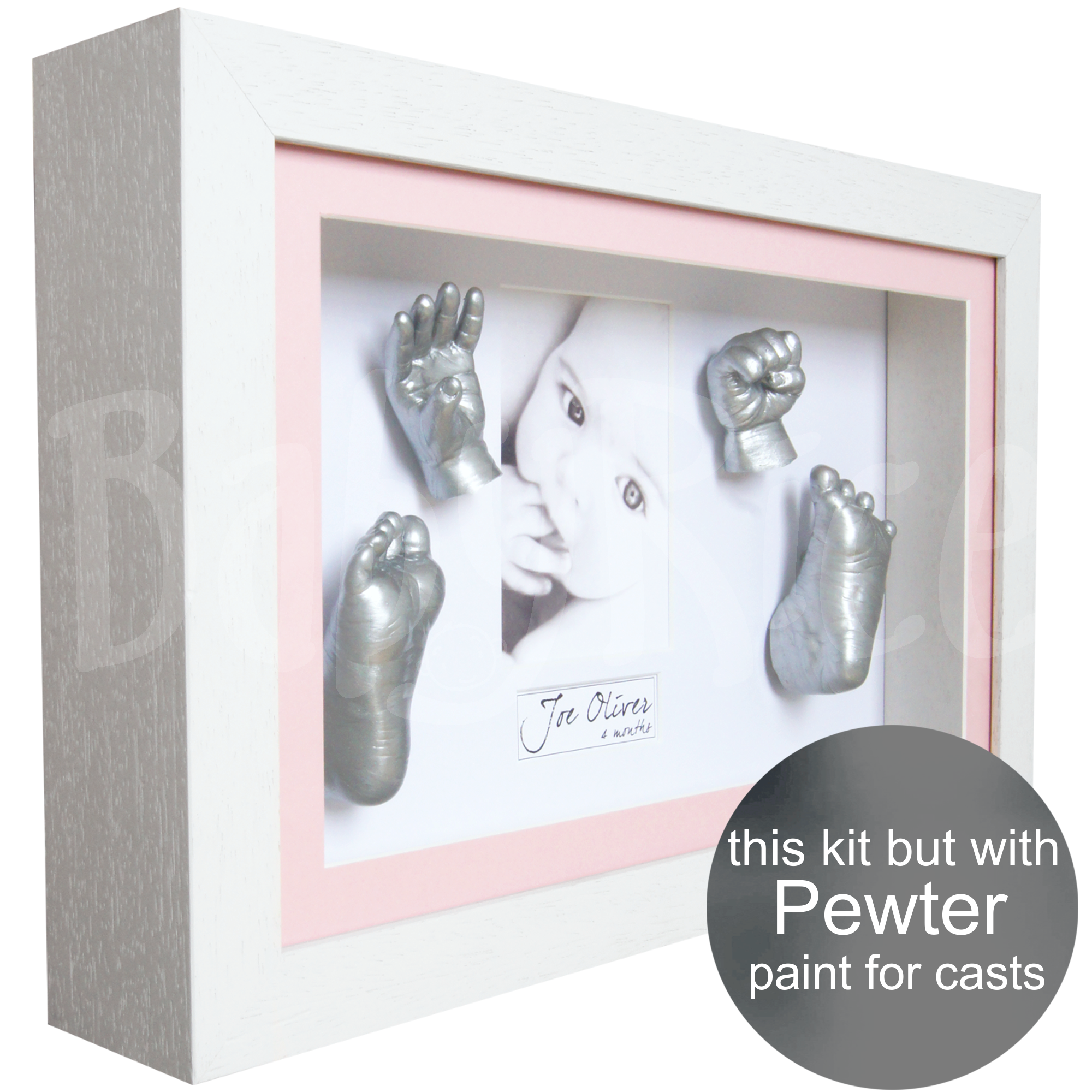 new baby girl gift hands and feet casting kit with white frame, pewter paint