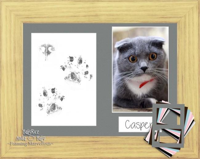 Cat Pet Paw Prints Kit with Oak Effect Frame - Choose Mount Colour