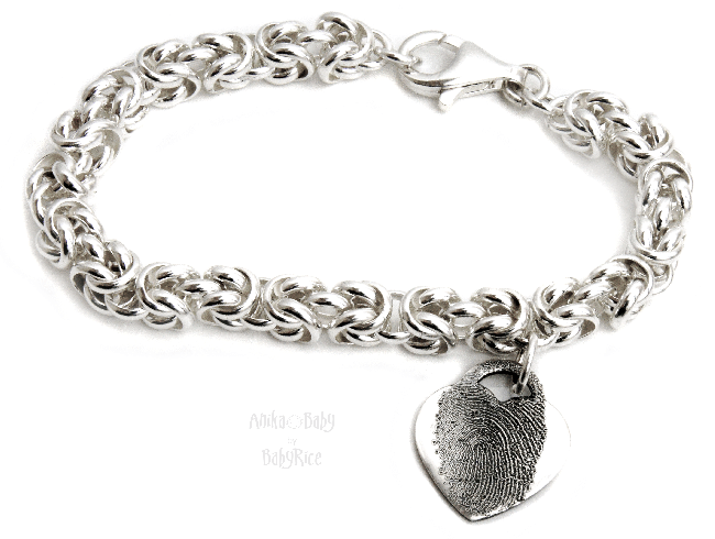 Sterling Silver Chunky Byzantine Bracelet with Darkened Fingerprint Heart Charm