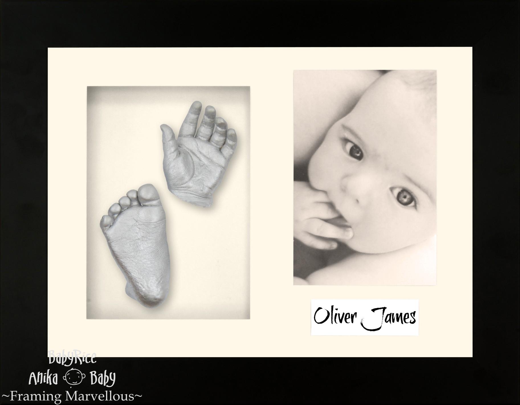 Black Frame, Cream Mount, Silver Baby Hand Foot Cast