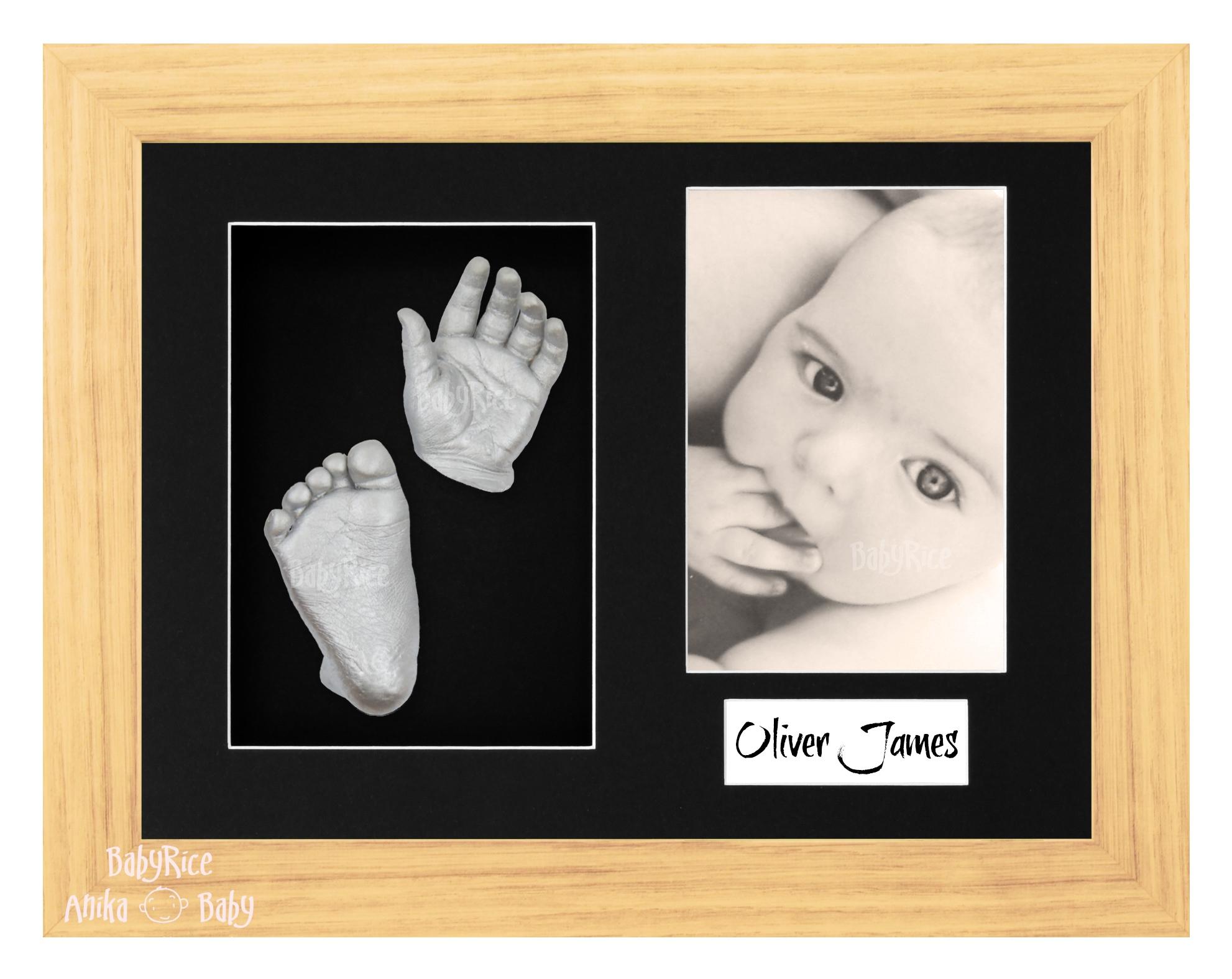 Oak Effect Frame, Black Mount, Silver Baby Hand Foot Cast