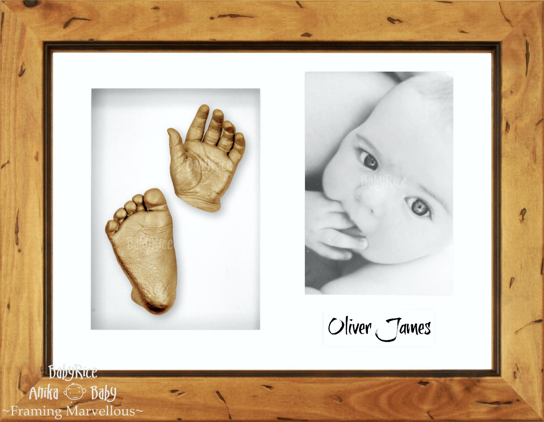 Rustic Wooden Frame, White Mount, Golden Baby Hand Foot Cast