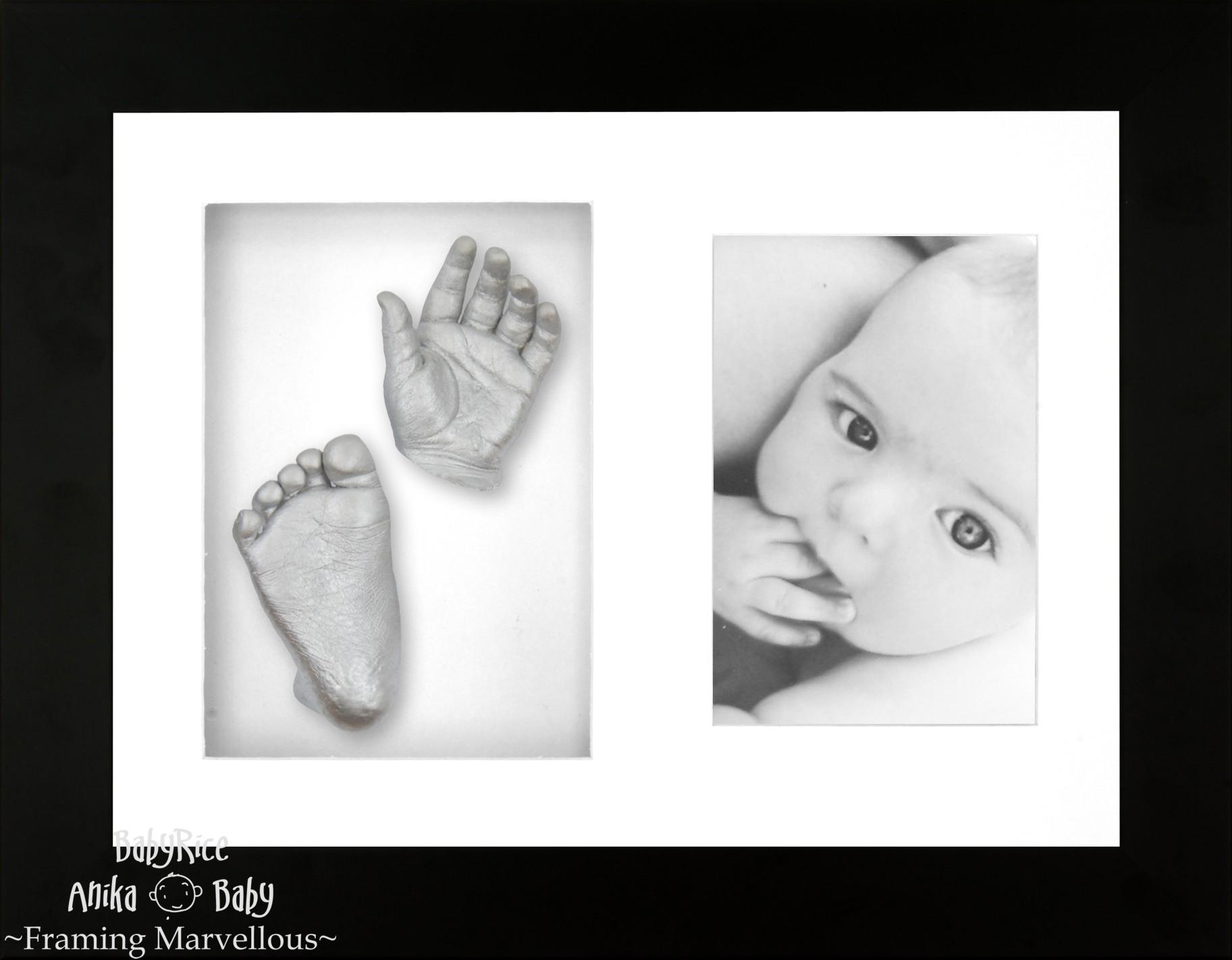 Baby Casting Kit with Black Photo and Casts Display Frame White Inserts / Silver Paint