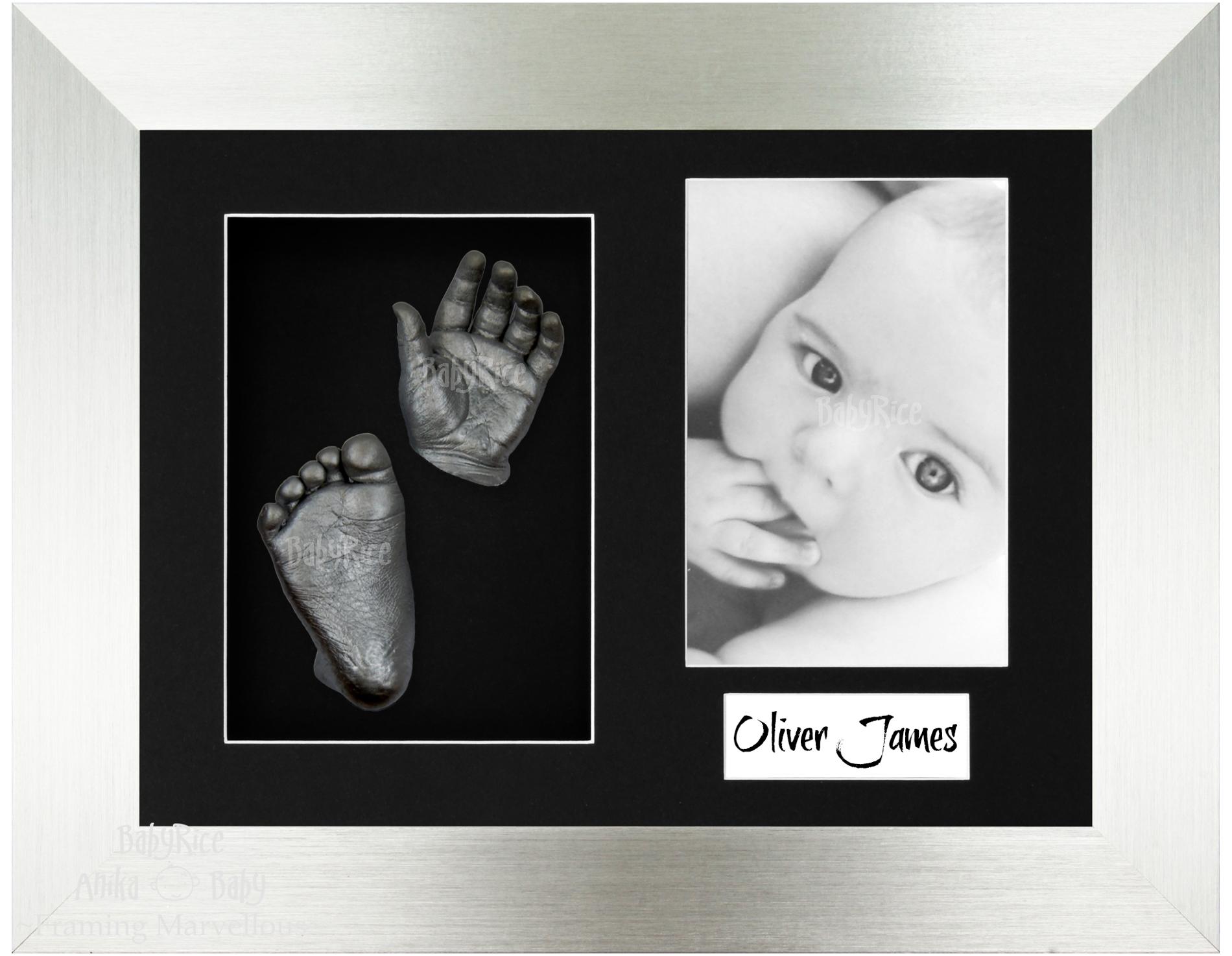 Silver Frame, Black Mount, Pewter Baby Hand Foot Cast