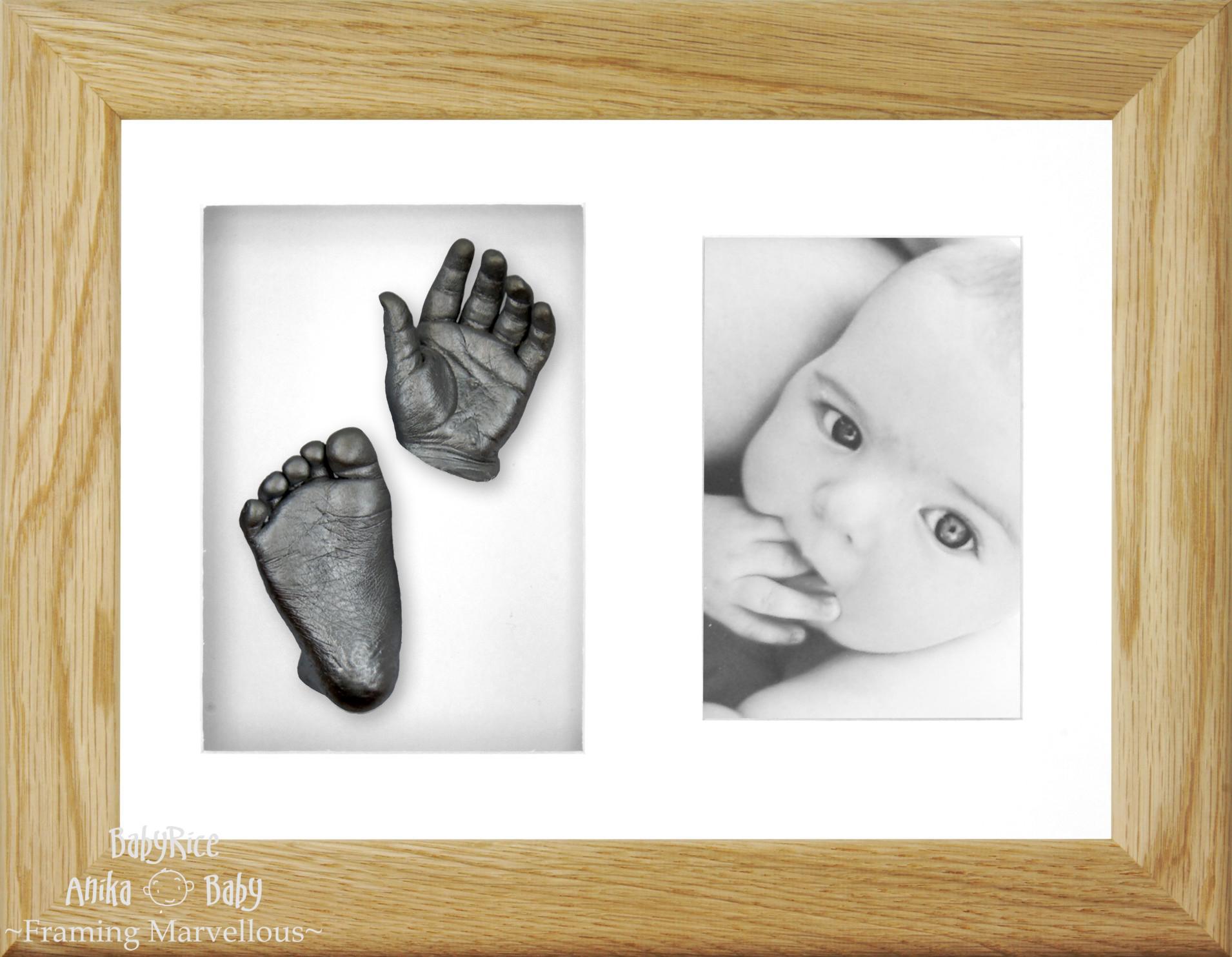 Baby Hand Foot Moulding Kit Pewter with Oak Frame Set