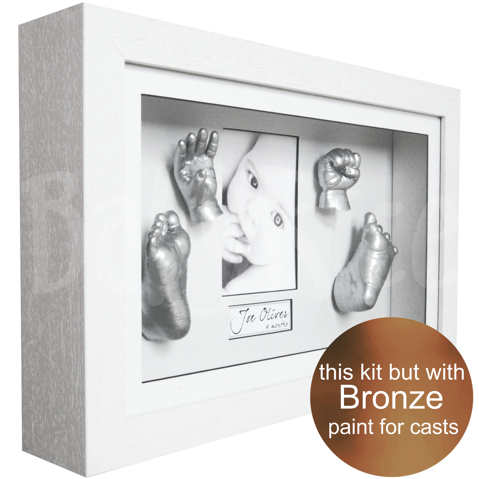 newborn baby gift keepsake hands and feet casting kit with white frame, bronze paint