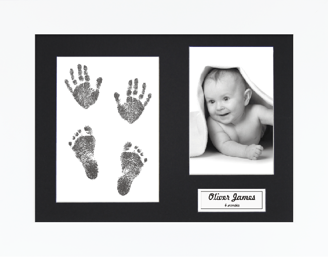New Baby Gift, Hand & Footprint Kit White Frame, Black Inkless Prints