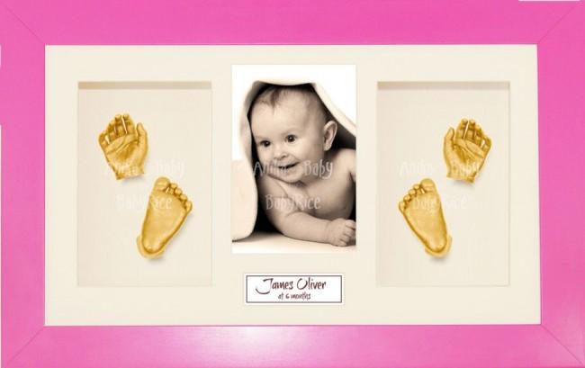 Baby Girl Gift, Casting Kit, Pink Frame, 3D Handprints Footprints, Gold