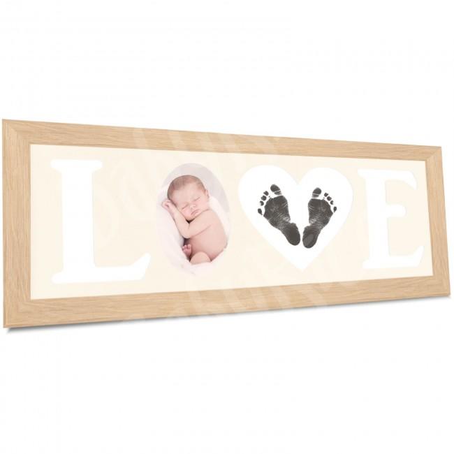 Baby Hand and Footprint Kit with Wooden Love Frame for Photo and Prints –  Solid Oak – Cream