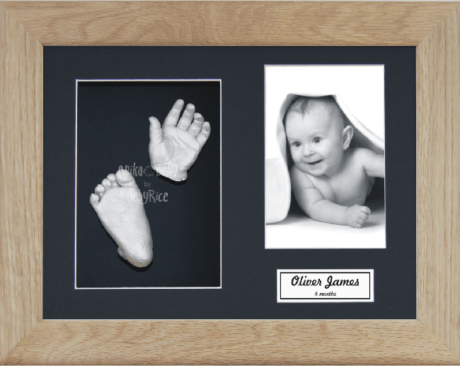 Baby Casting Kit, Solid Oak Frame, Black Photo Display, Silver