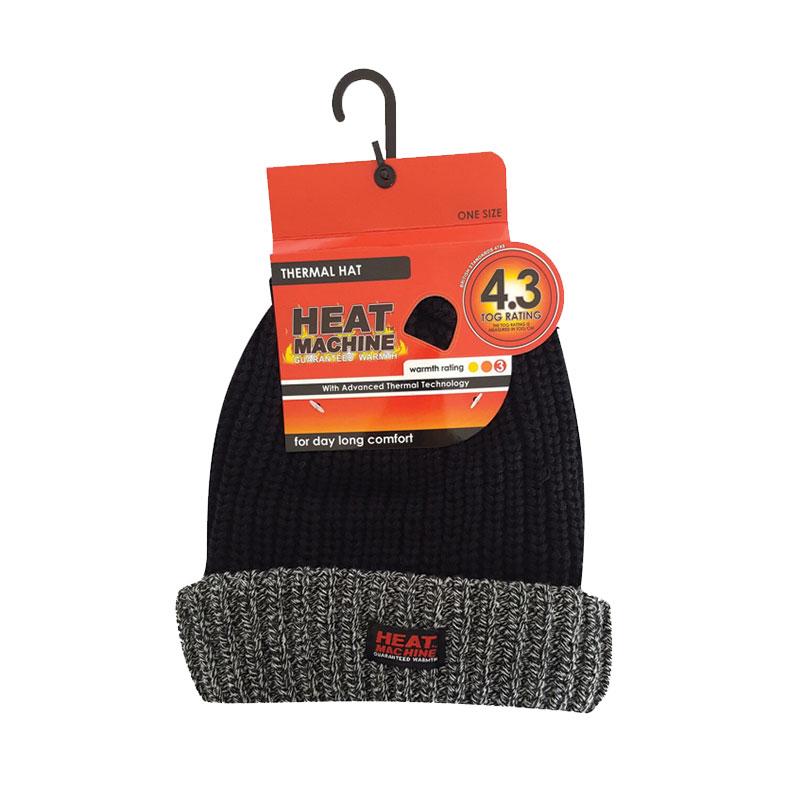 Heat Machine Chunky Knit 4.3 Tog Beanie Hat in Black with Grey Turnup