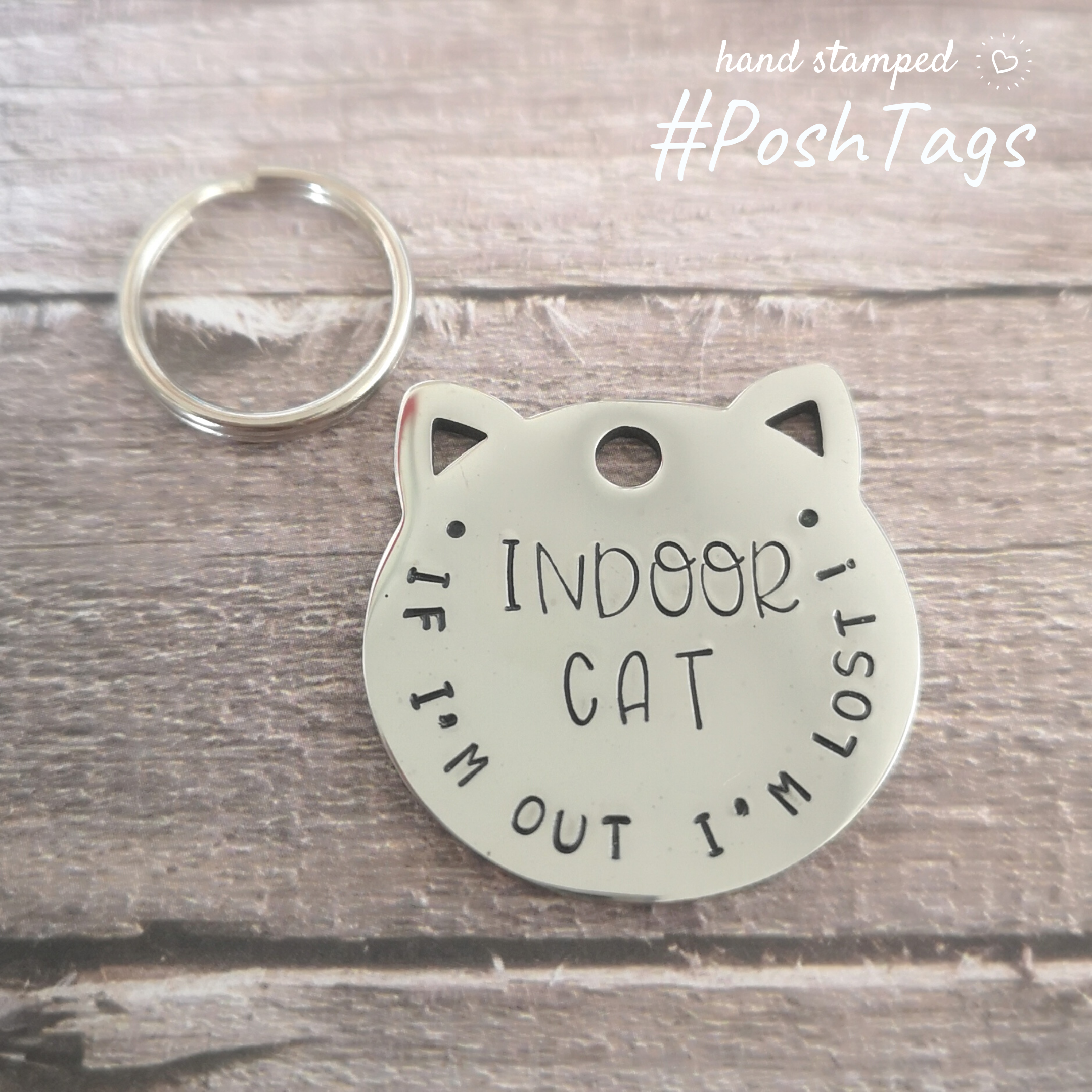 Indoor cat or name stainless steel cat shape discs cat pet tag collar ID PoshTags