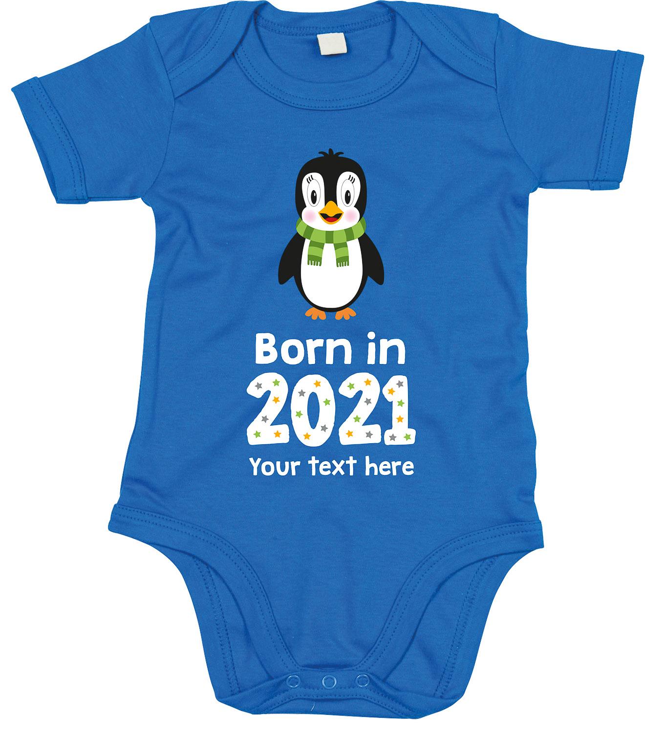 Anismalls penguin character on a cobalt blue coloured personalised bodysuit with born in 2021 text in white