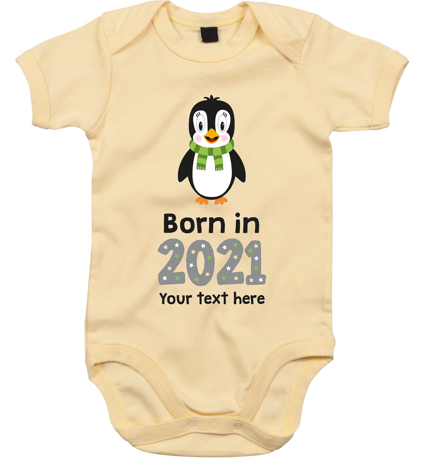 Anismalls penguin character on a soft yellow coloured personalised bodysuit with born in 2021 text in grey