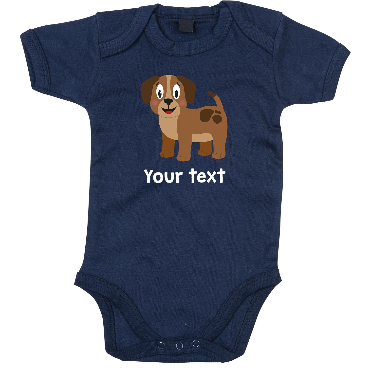 Anismalls dog character on a nautical navy coloured personalised bodysuit