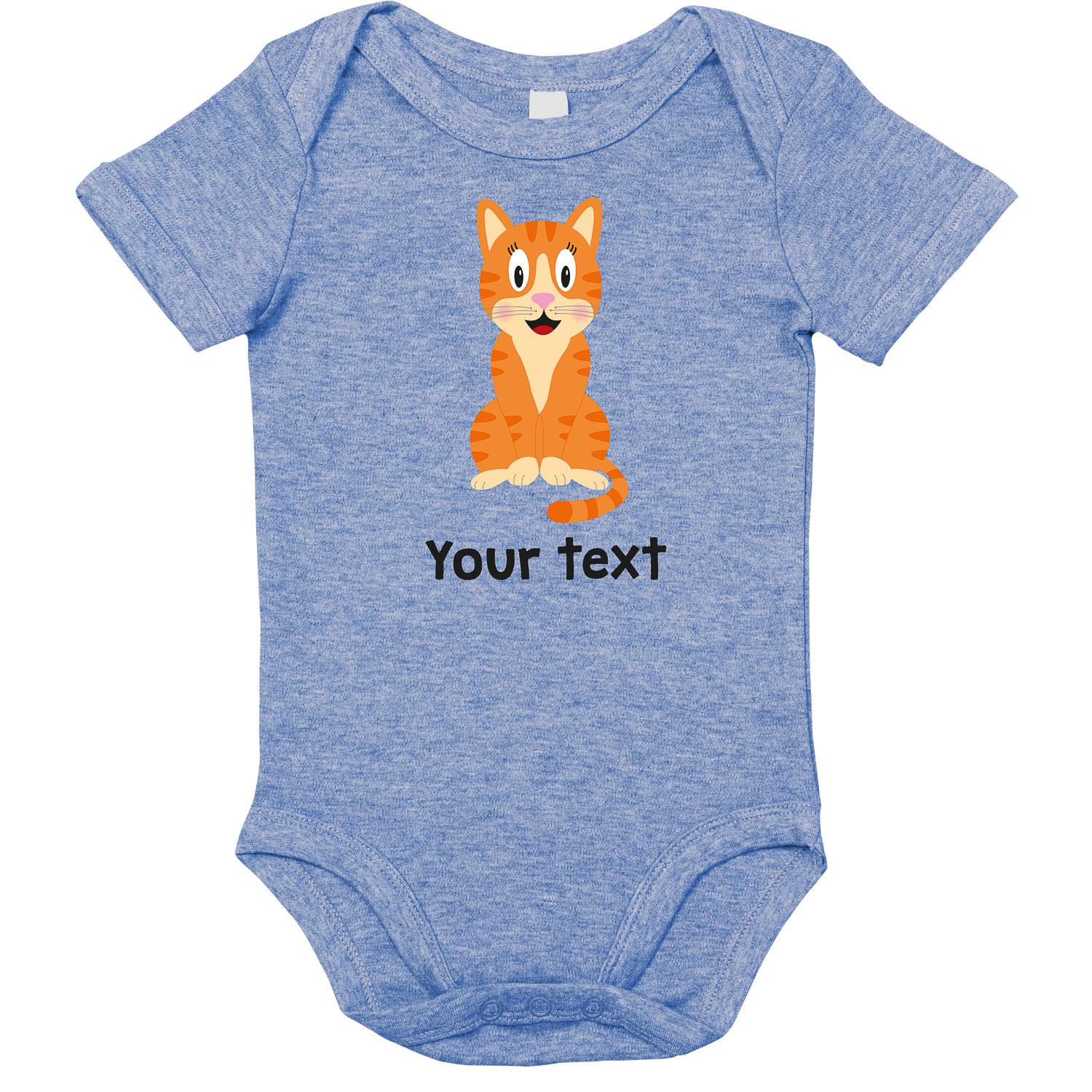 Anismalls cat character on a heather blue coloured personalised bodysuit