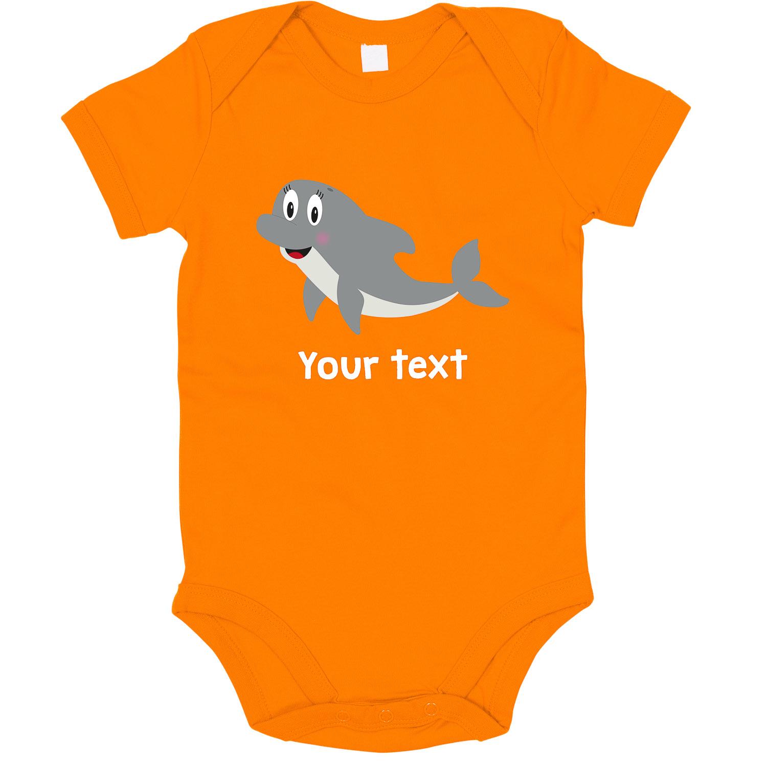 Anismalls dolphin character on an orange coloured personalised bodysuit