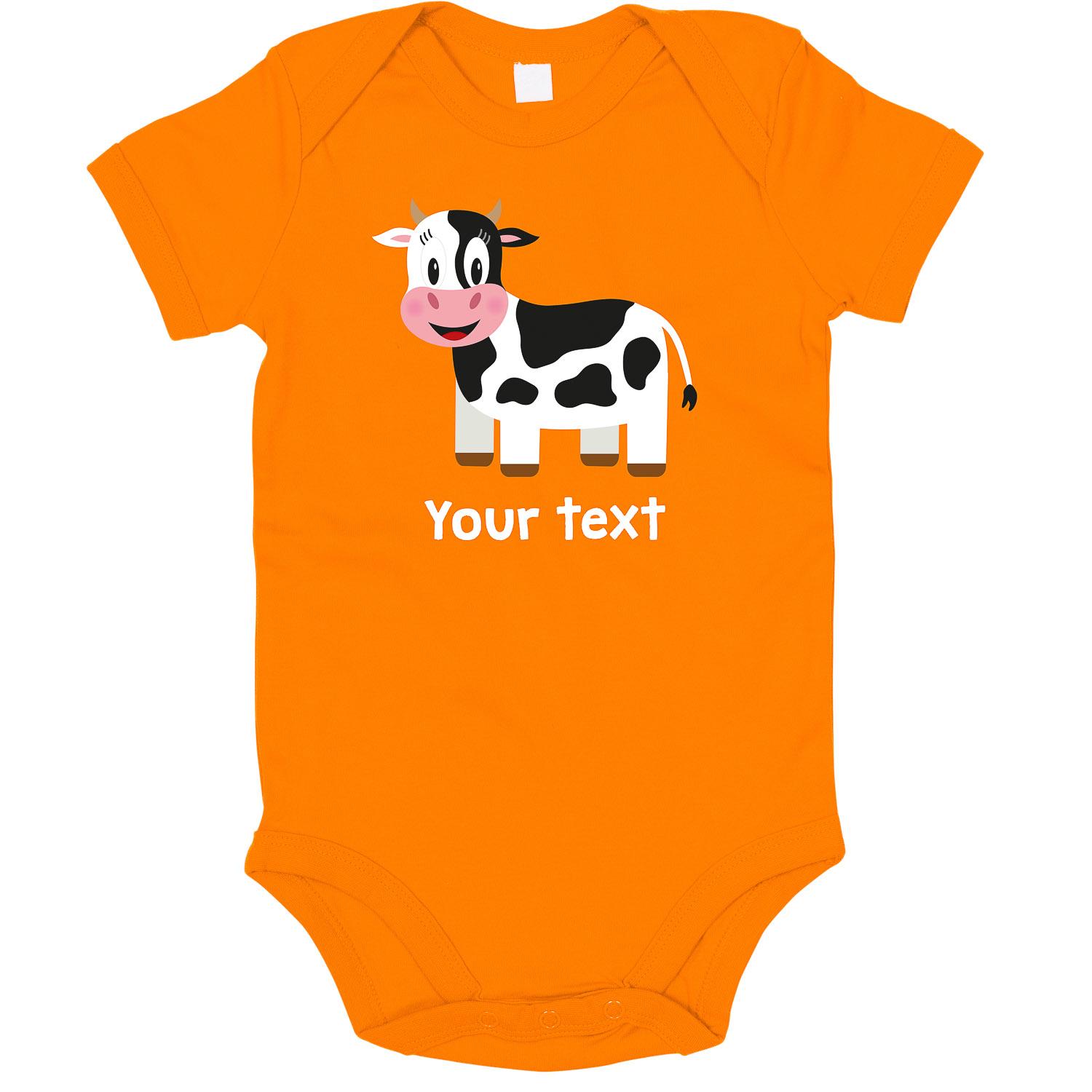 Anismalls cow character on an orange coloured personalised bodysuit