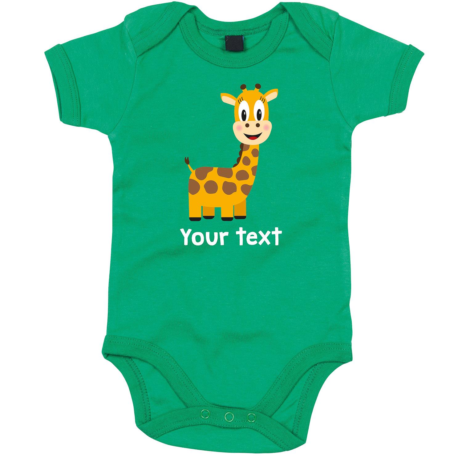 Anismalls giraffe character on a kelly green coloured personalised bodysuit