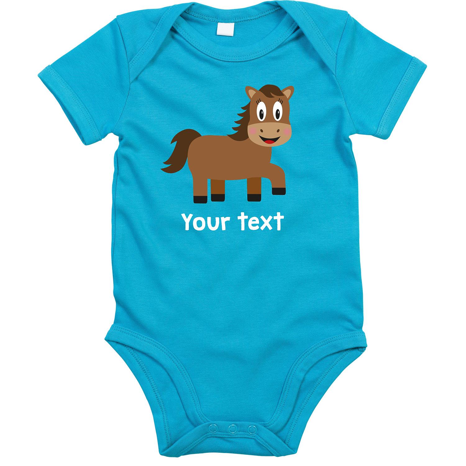 Anismalls horse character on a surf blue coloured personalised bodysuit