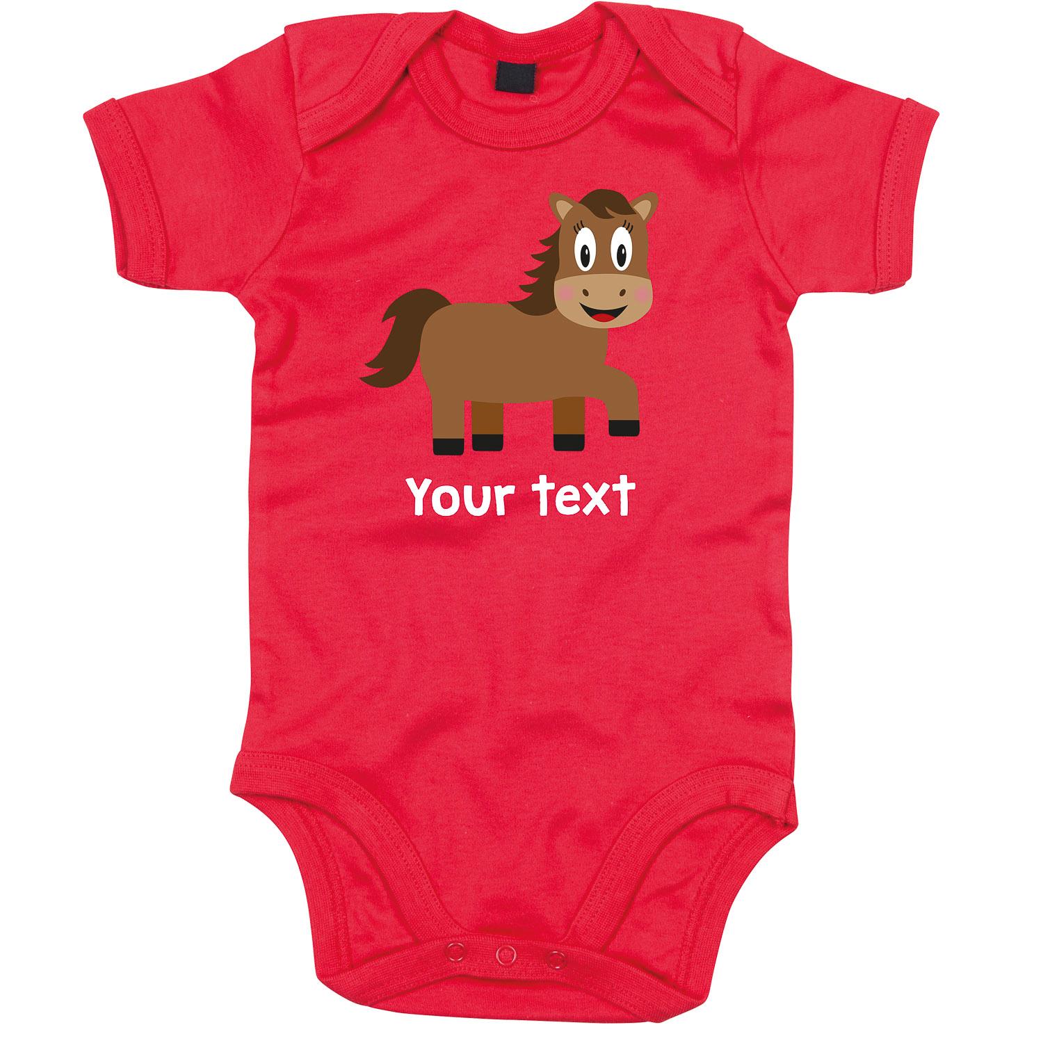 Anismalls horse character on a red coloured personalised bodysuit