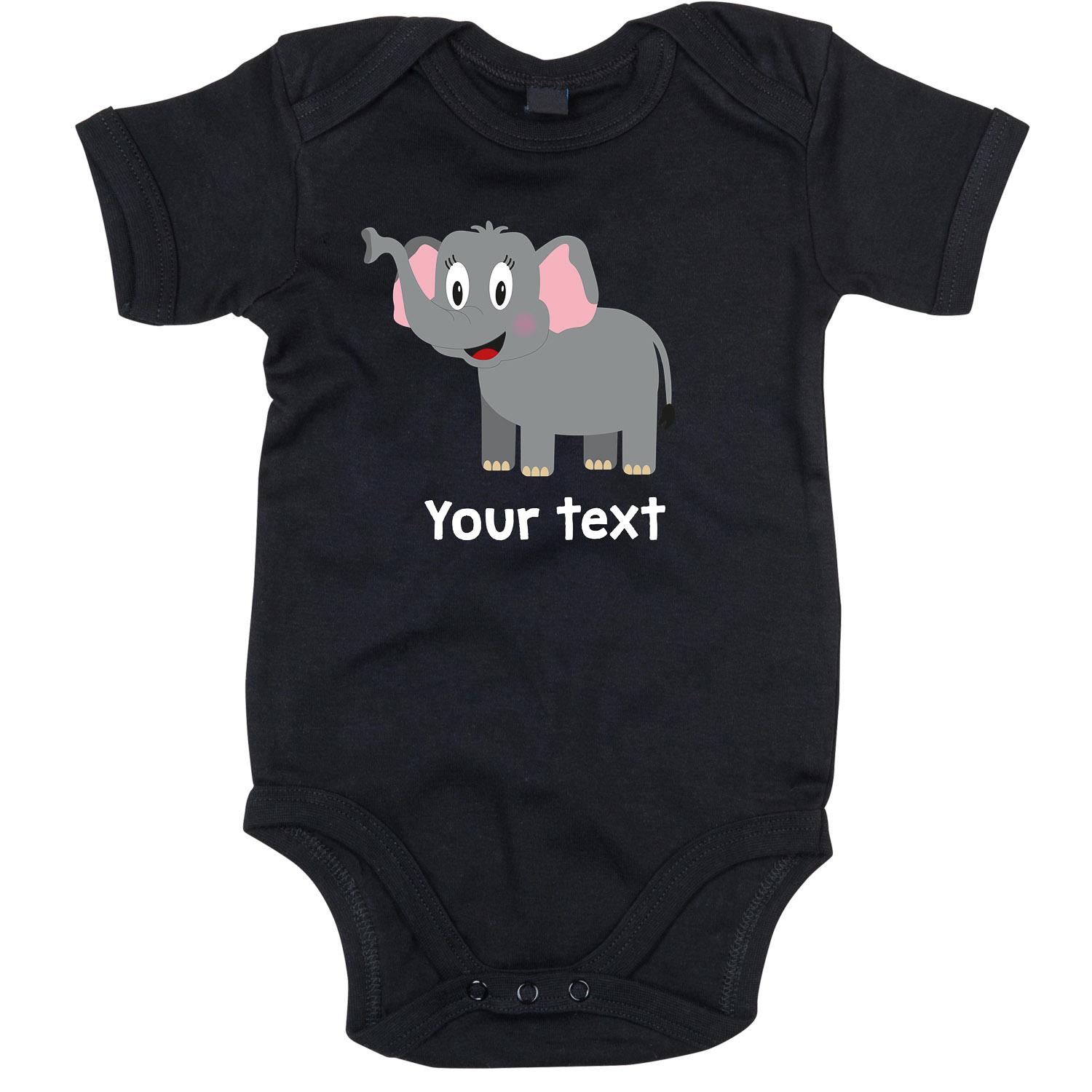 Anismalls elephant character on a black coloured personalised bodysuit