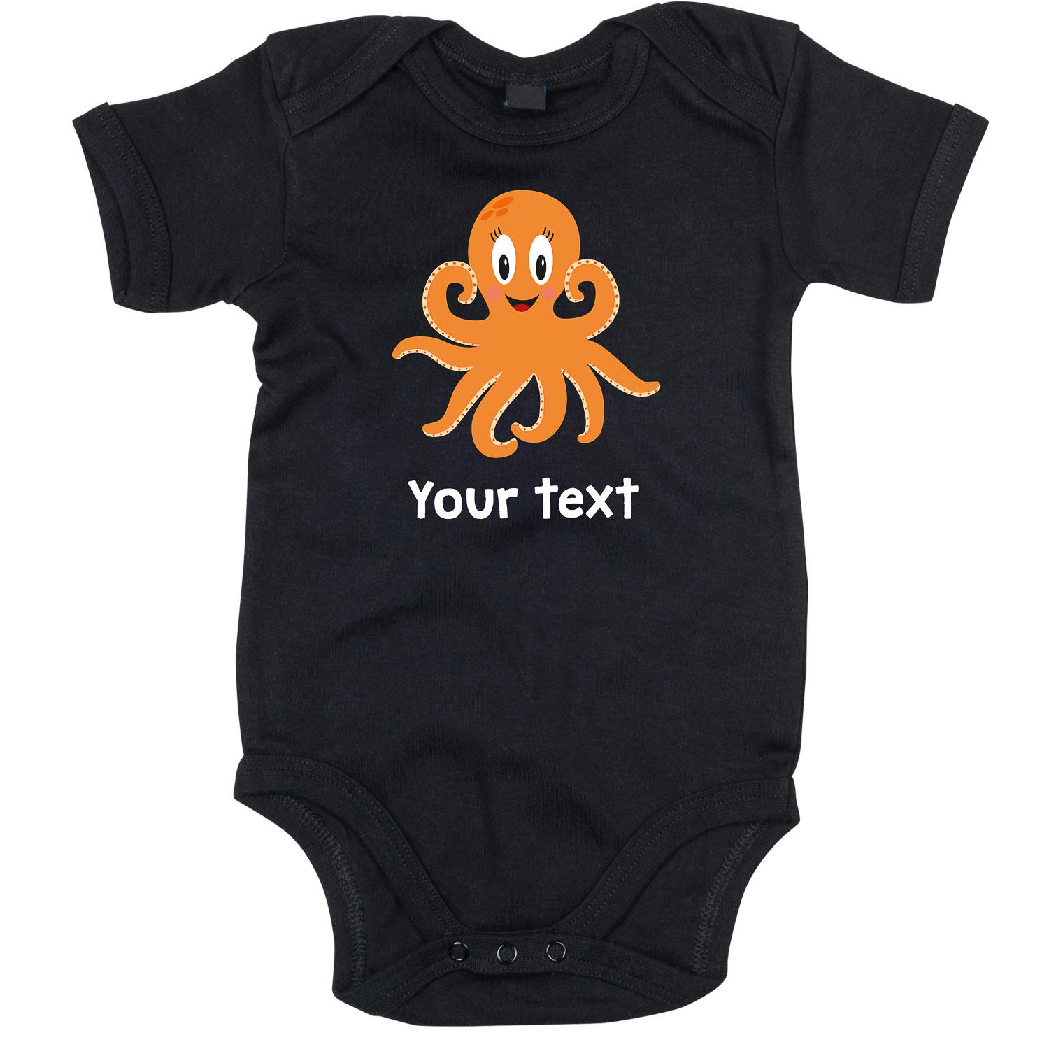 Anismalls octopus character on a black coloured personalised bodysuit
