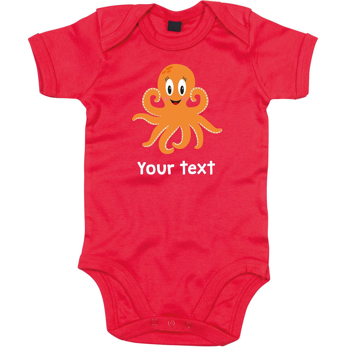 Anismalls octopus character on a red coloured personalised bodysuit