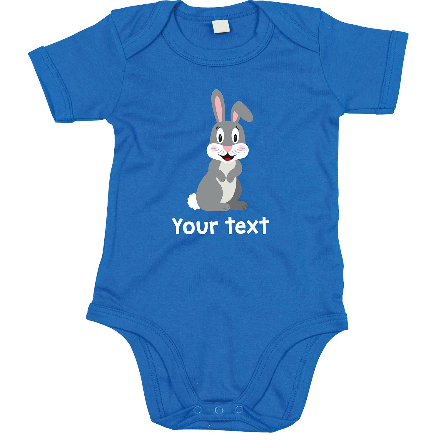 Anismalls rabbit character on a cobalt blue coloured personalised bodysuit