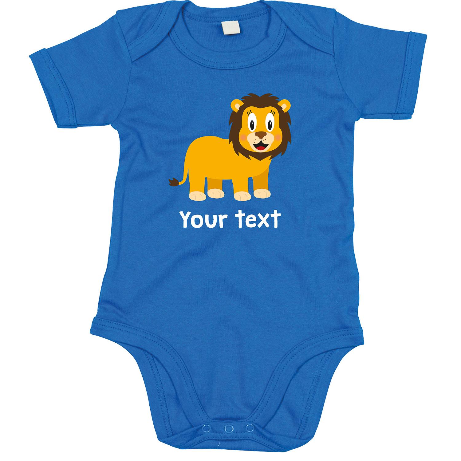 Anismalls lion character on a cobalt blue coloured personalised bodysuit