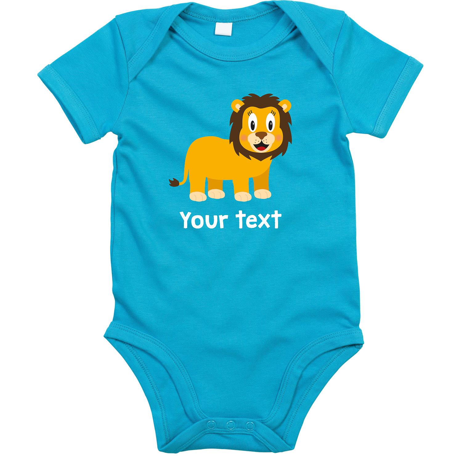 Anismalls lion character on a surf blue coloured personalised bodysuit