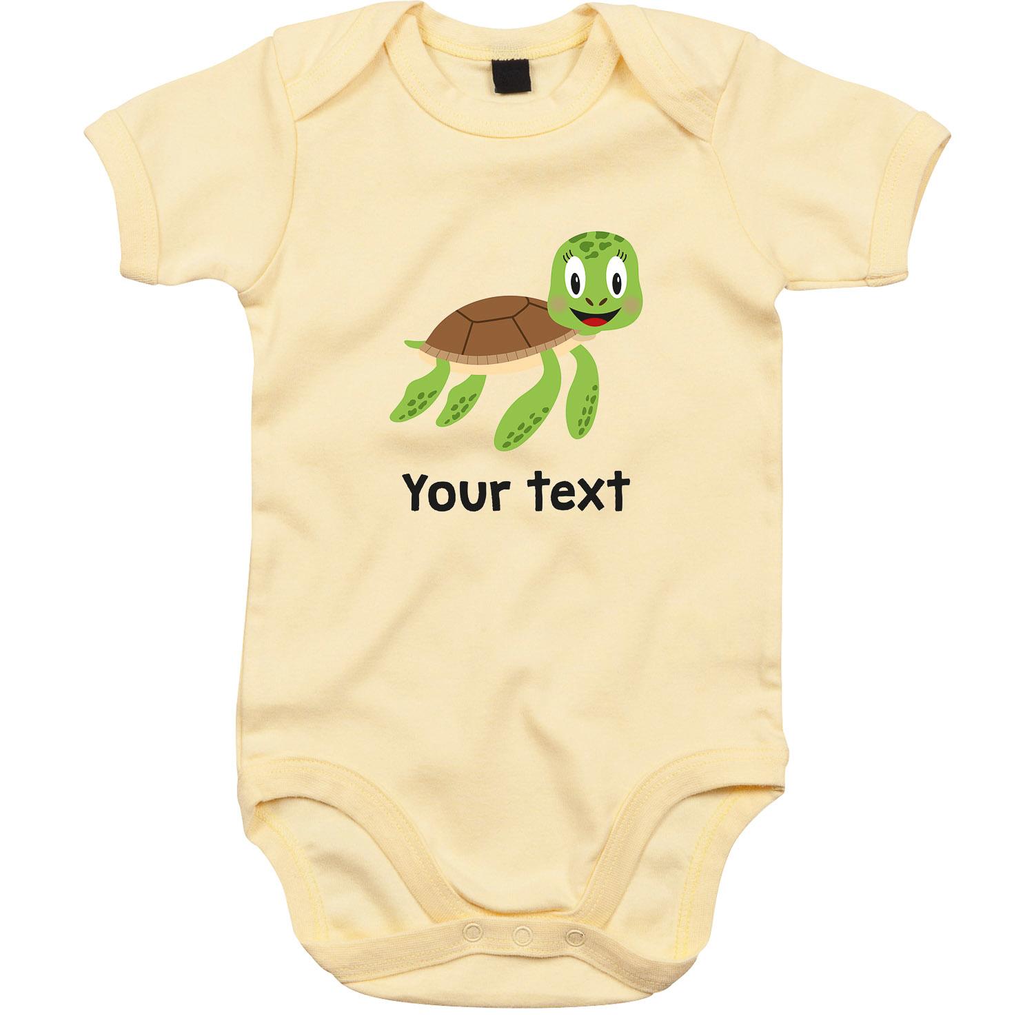 Anismalls sea turtle character on a soft yellow coloured personalised bodysuit
