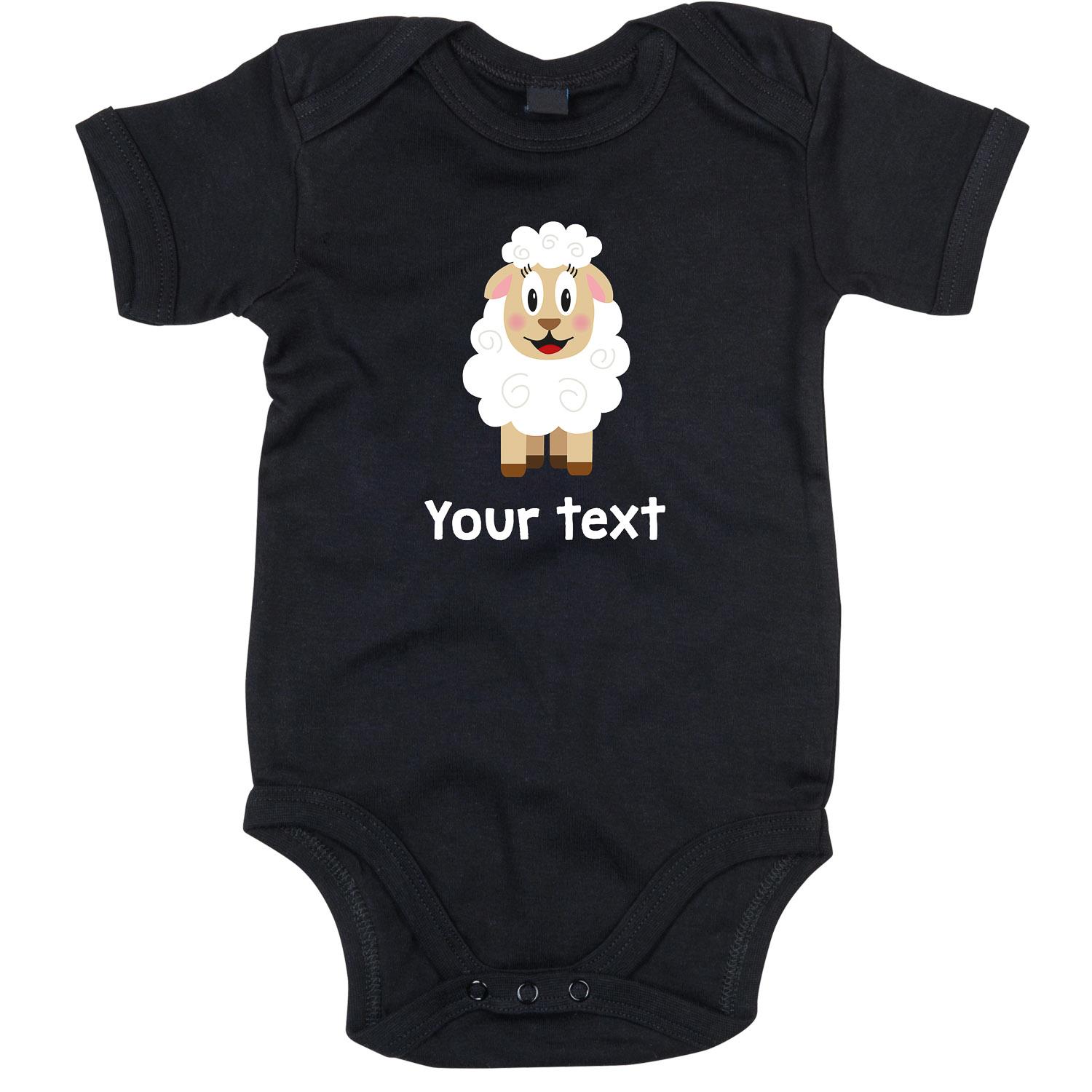 Anismalls sheep character on a black coloured personalised bodysuit