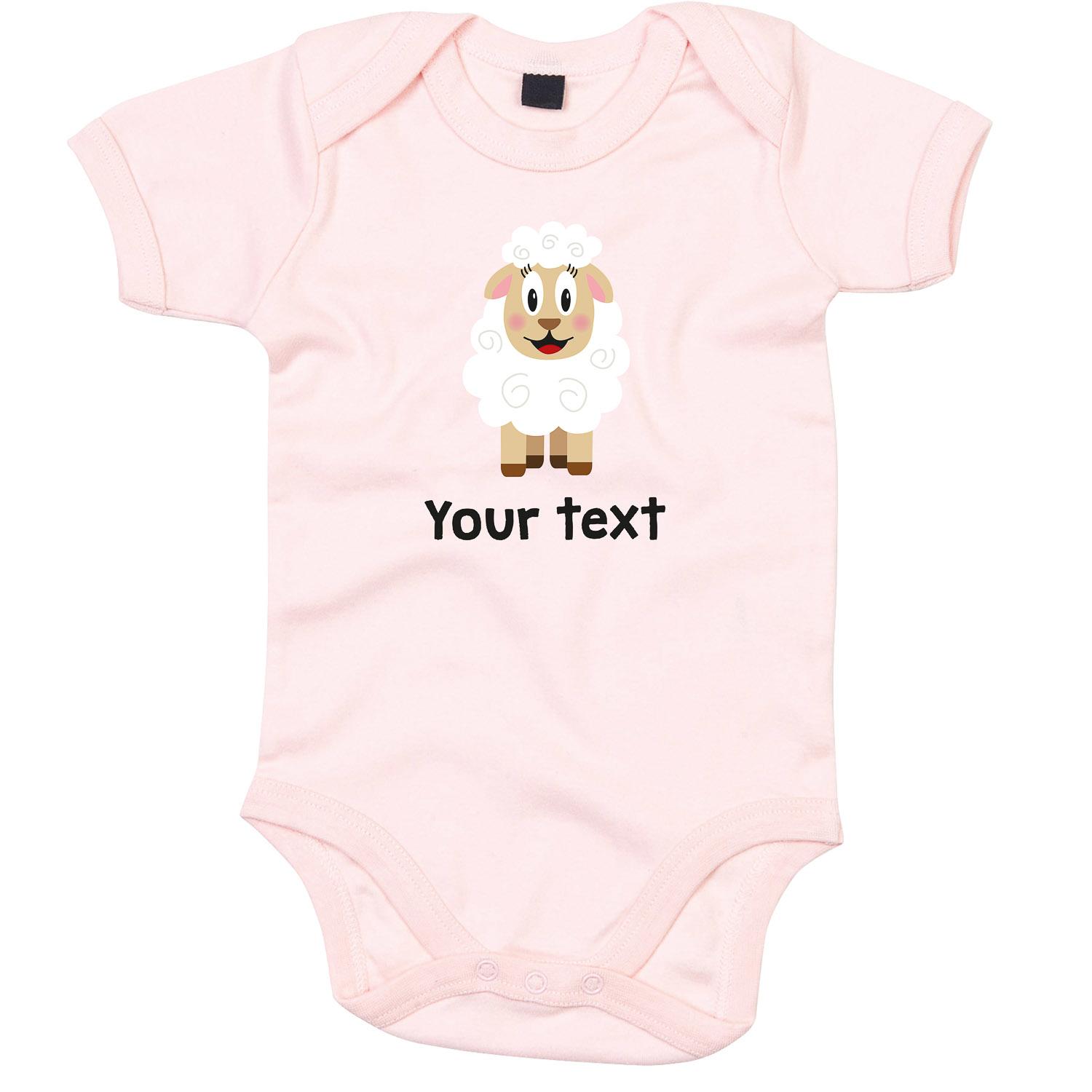 Anismalls sheep character on a powder pink coloured personalised bodysuit