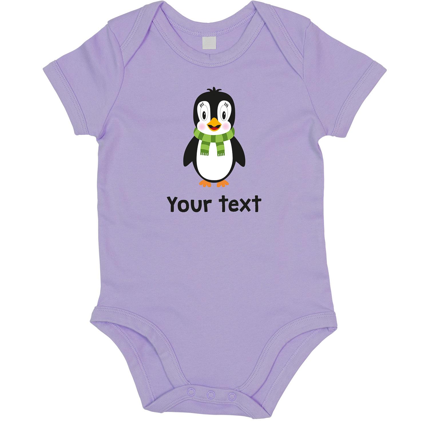 Anismalls penguin character on a lavender coloured personalised bodysuit