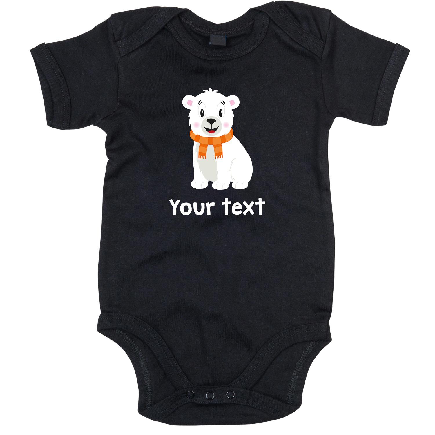 Anismalls polar bear character on a black coloured personalised bodysuit
